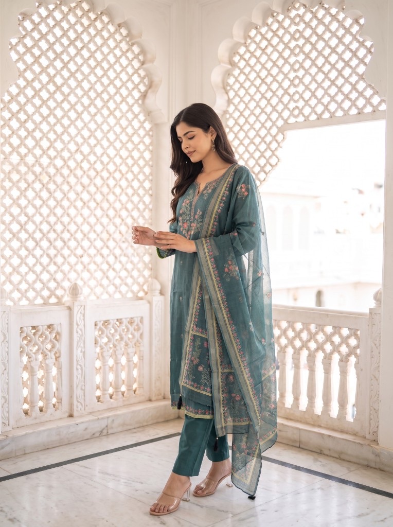 Aevynz ethnicwear — teal embroidered kurta set with dupatta